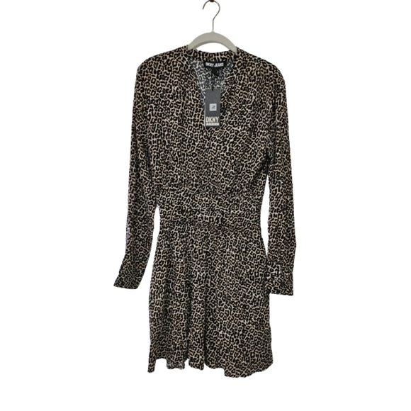NWT DKNY Leopard Print Split V-Neck Long Sleeve Ruched Blouson Dress Small - Picture 3 of 7